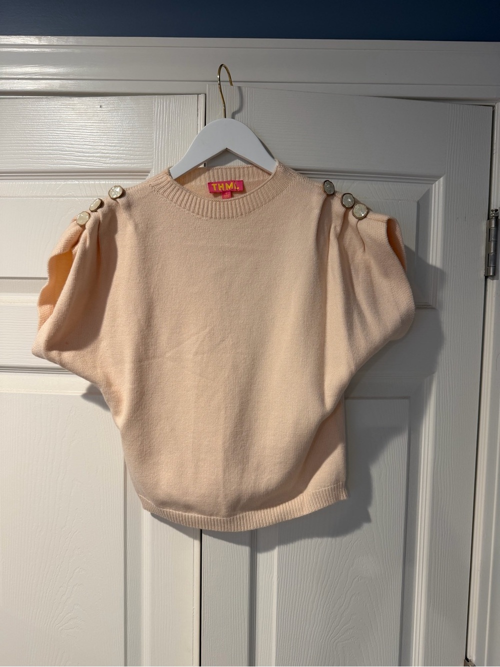 THML Soft Cream Puff-Sleeve Sweater with Shoulder Buttons